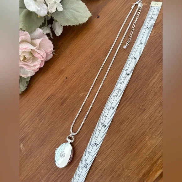 Avon 2017 Silver Oval Photo Locket Rhinestone Flower NIB Rope Chain Keepsake - Picture 9 of 11